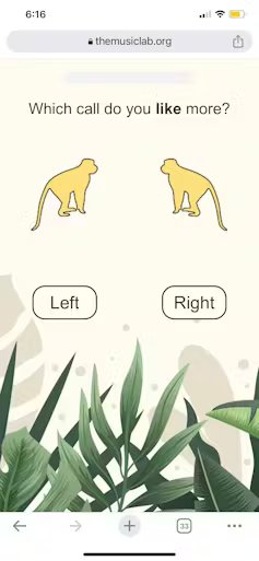 screenshot of a mobile phone with text 'which call do you like more?' and a 'left' and 'right' button to click