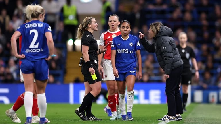 Chelsea manager Sonia Bompastor reacts after being shown a yellow card by referee Frida Mia Klarlund