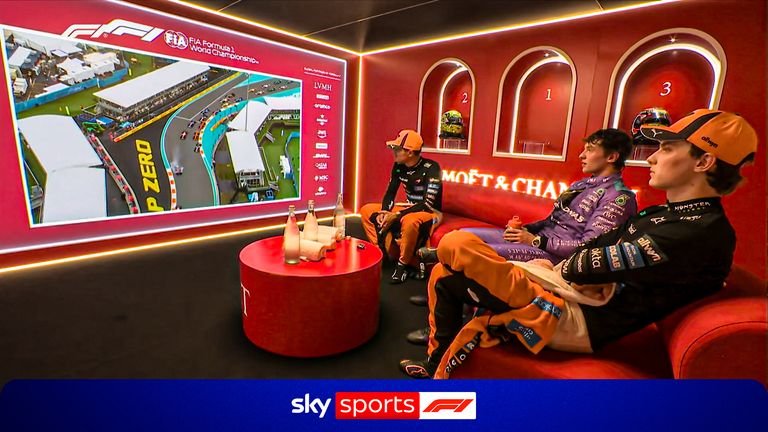Oscar Piastri, Kimi Antonelli and Lando Norris share hilarious reactions as they watch through the highlights reel of the Miami Grand Prix.