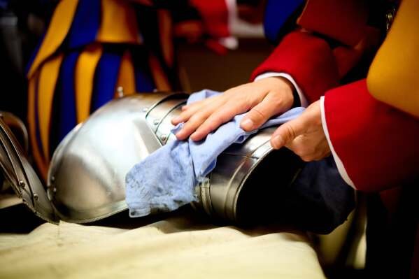 Pontifical Swiss Guards prepare ahead of their swearing in ceremony, at the Vatican, Wednesday, May 6, 2026. (AP Photo/Andrew Medichini)