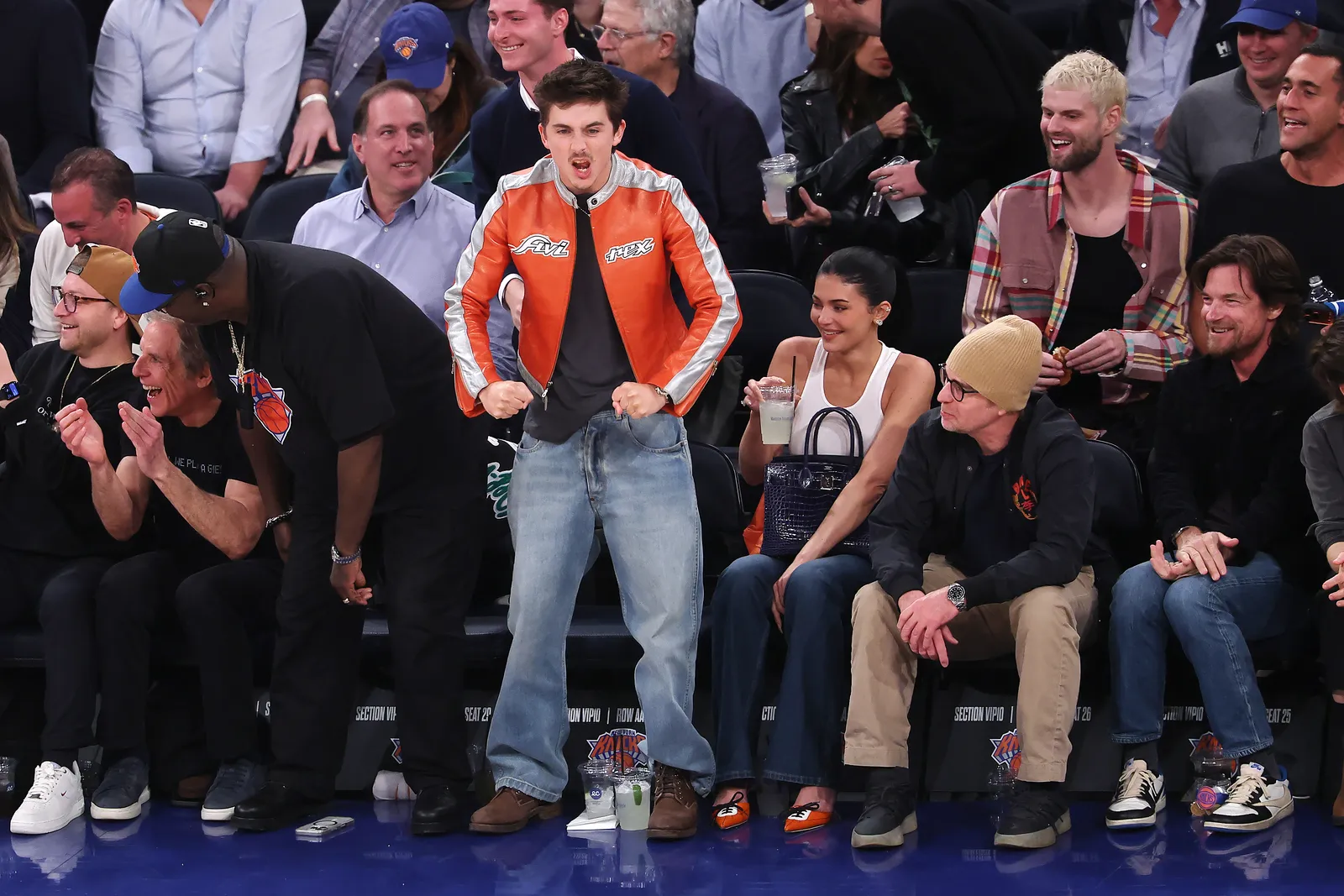 Actor Timothe Chalamet reacts during the third quarter in Game Two of the Second Round of the NBA Eastern Conference...