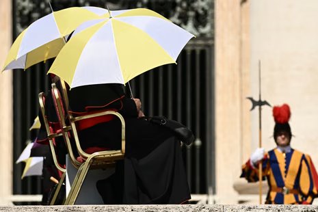Cardinals shield themselves from the sun with umbrellas during Pope Leo XIV's weekly general audience at St Peter's Square in The Vatican.