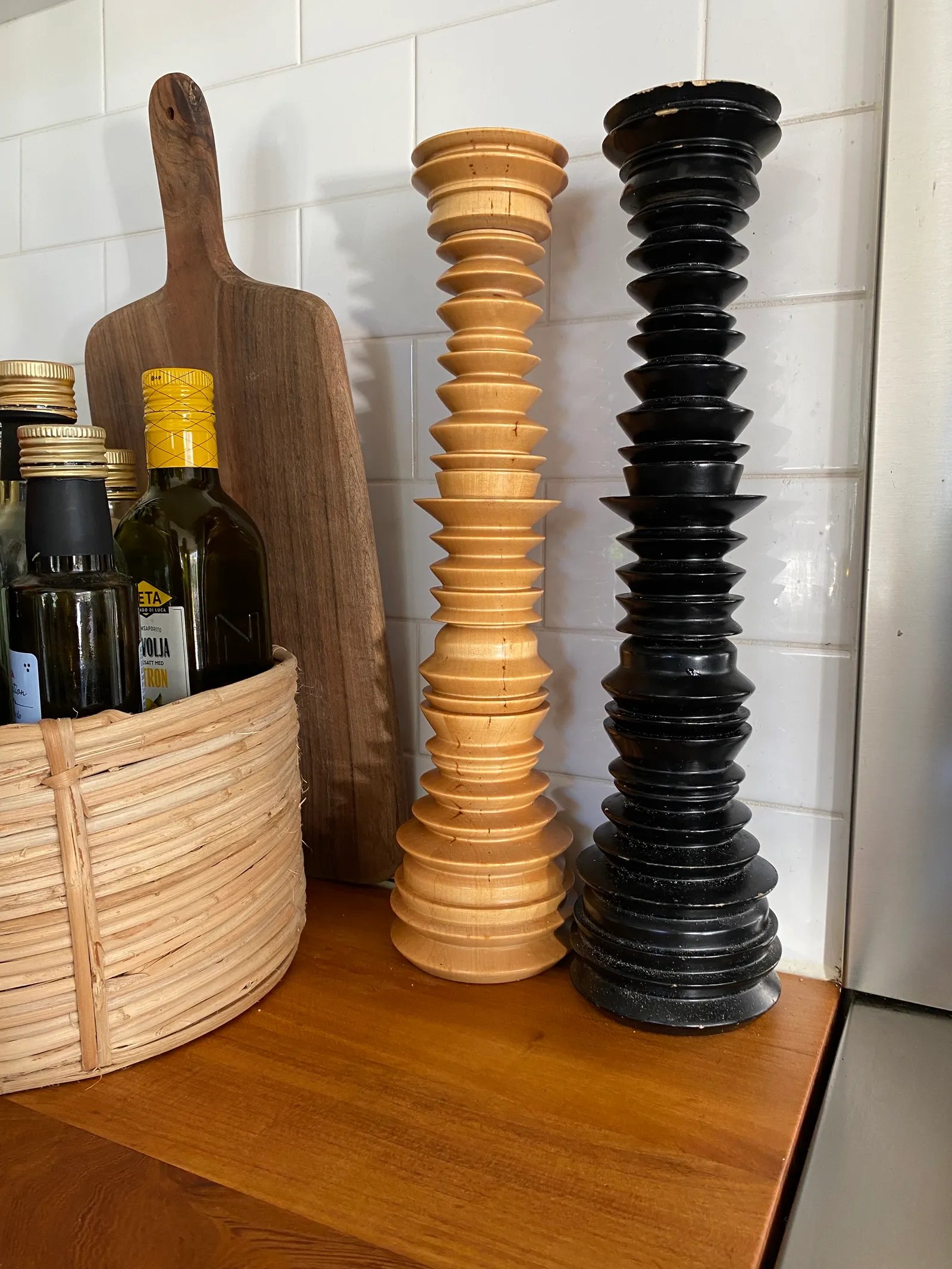 Chipped Spraka pepper mills.