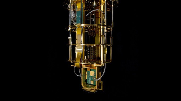 The ‘chandelier’ of a quantum computer made by HRL Laboratories is shown on a black background.